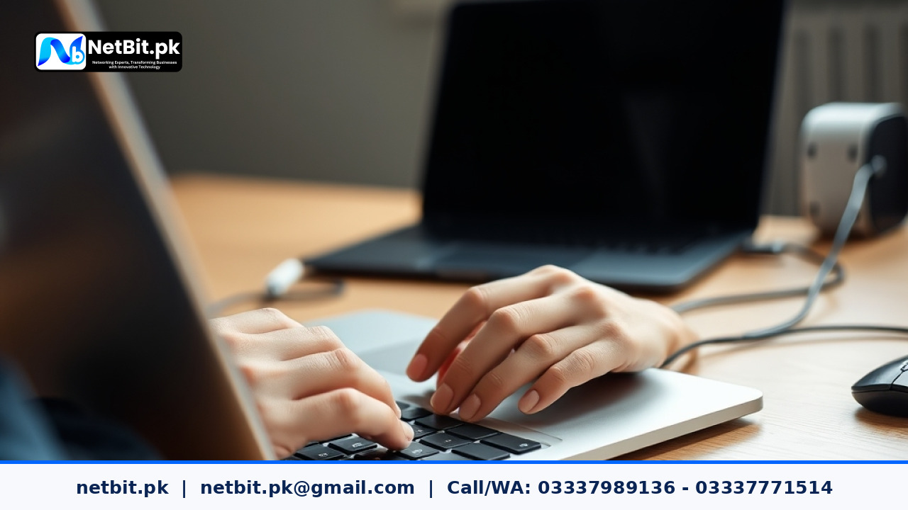 Close-up of a developer typing code on a modern laptop in a well-lit office | NetBit Software House and Technology | netbit.pk