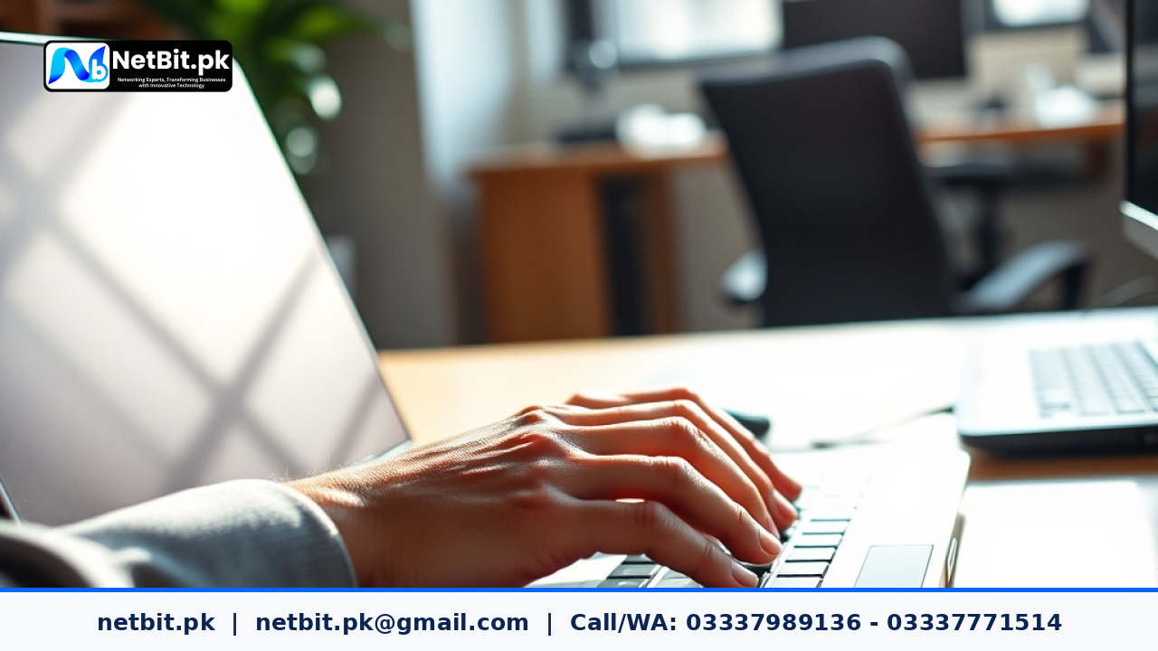 Developer configuring AI agent software on a modern laptop in an office workspace | NetBit Software House and Technology | netbit.pk