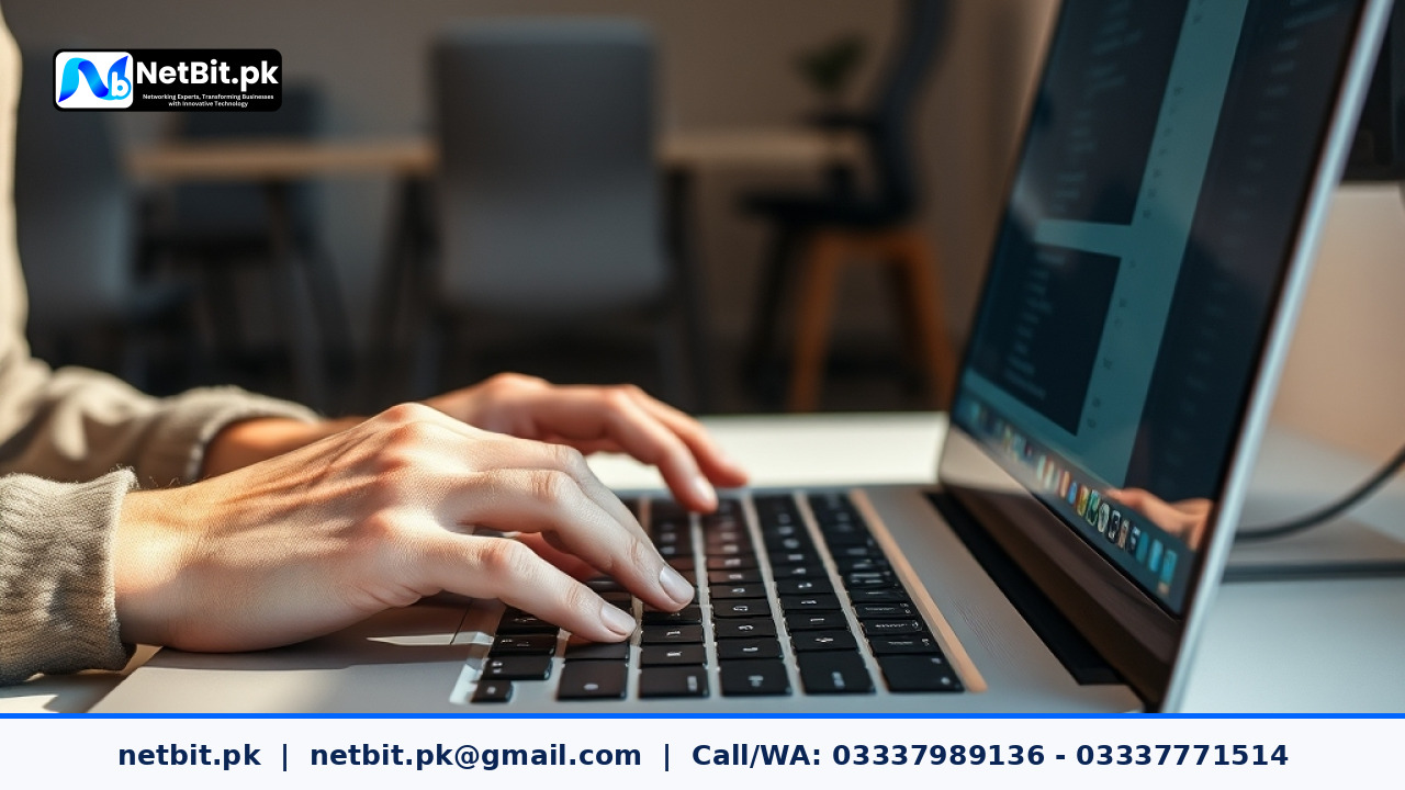 Developer configuring AI agent parameters on a laptop in an office workspace | NetBit Software House and Technology | netbit.pk