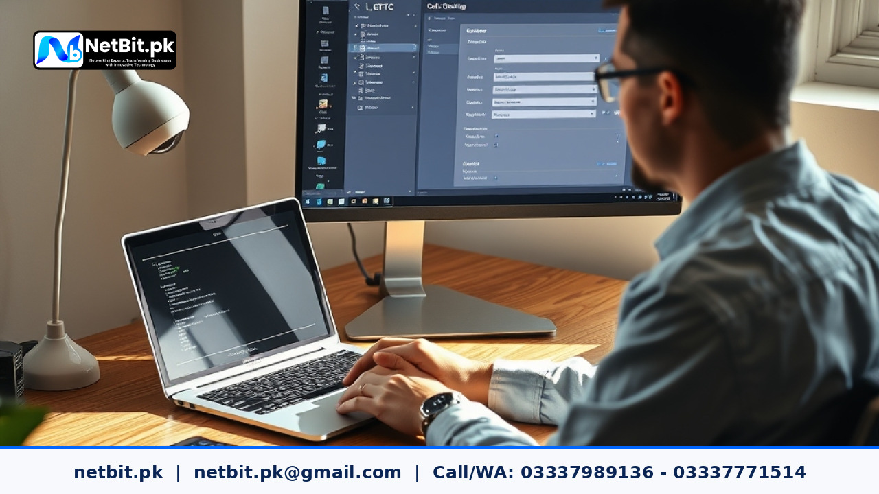 Developer configuring AI agent token limits on dual monitors in an office setting | NetBit Software House and Technology | netbit.pk