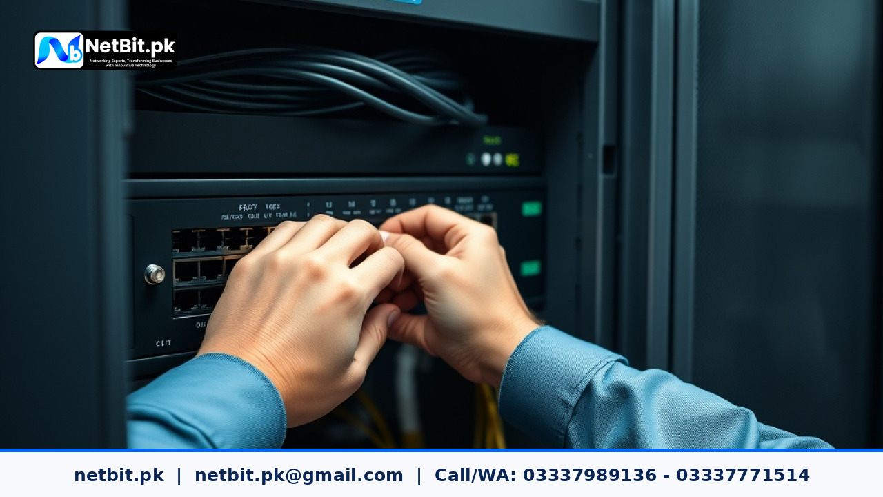 IT technician configuring office network switch ports