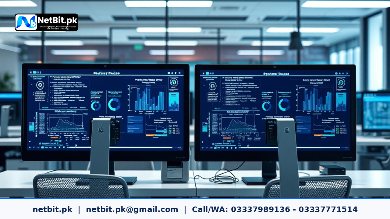 Clean and modern office workspace featuring organized computer setups and digital data management tools