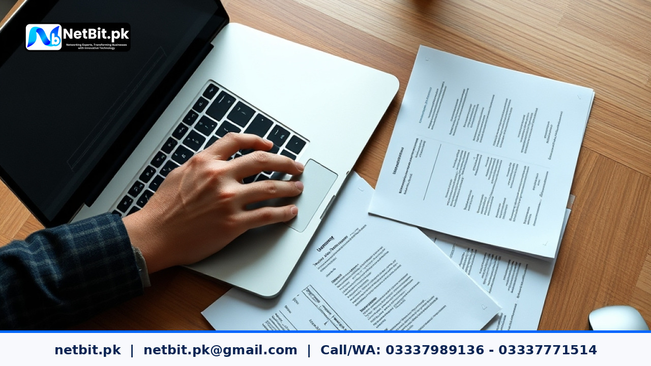Office employee working on an aluminum laptop reviewing automated business reports at a clean desk | NetBit Software House and Technology | netbit.pk