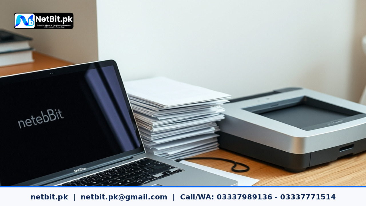 Office professional operating modern document automation software on a desktop computer with paperwork nearby
