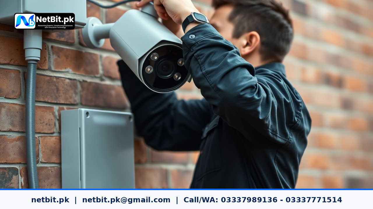 Security technician configuring an outdoor IP CCTV camera mounting bracket on a commercial brick building | NetBit Software House and Technology | netbit.pk