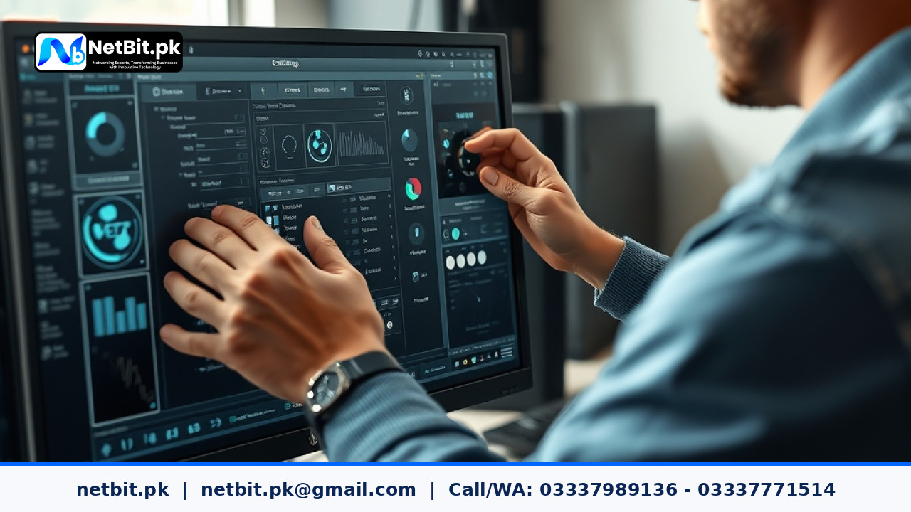 Professional network technician configuring CCTV storage settings on an office monitor | NetBit Software House and Technology | netbit.pk