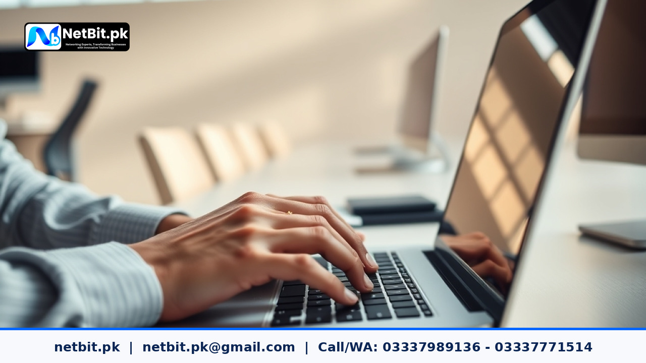 Close-up of a web developer optimizing website meta tags and content on a laptop | NetBit Software House and Technology | netbit.pk