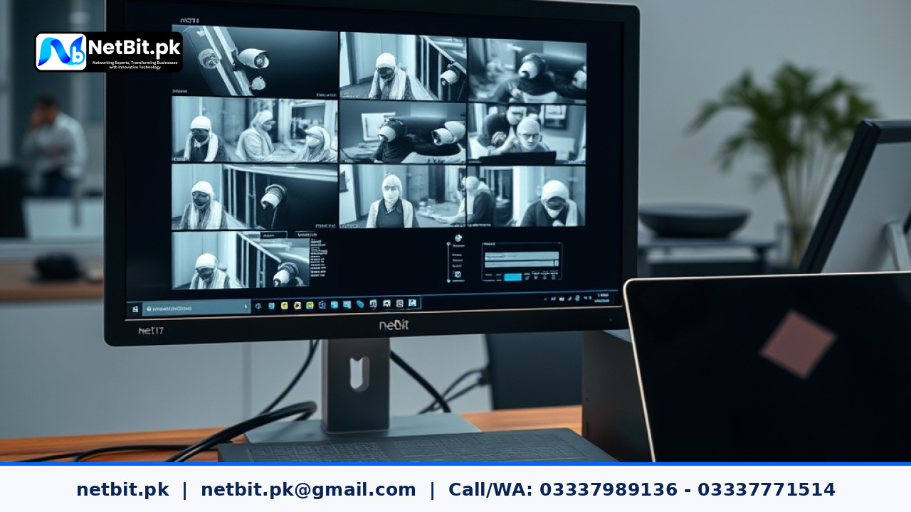 Professional security camera setup and monitoring workstation in a modern office
