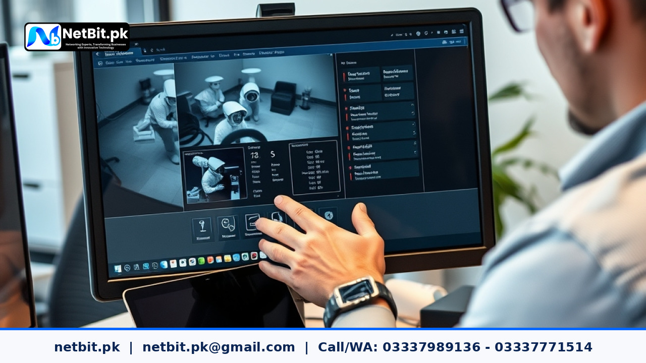 Close-up of a technician configuring CCTV camera motion detection settings on a monitor