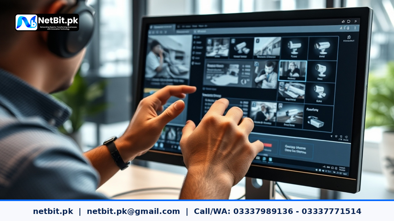 Security technician configuring CCTV camera motion detection settings on a display monitor