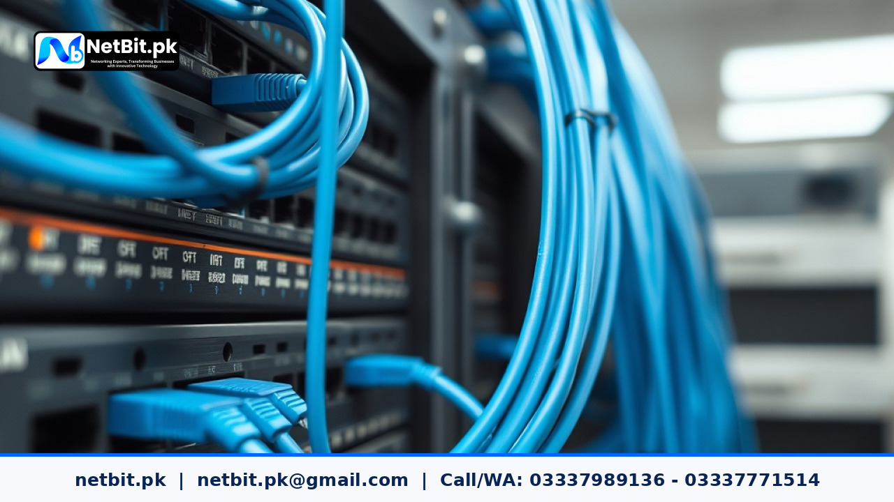 Server rack with Ethernet patch cables connected to network switches