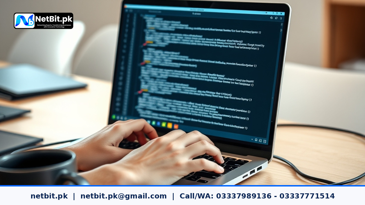 Web developer writing Open Graph meta tags on a modern laptop in an office workspace | NetBit Software House and Technology | netbit.pk