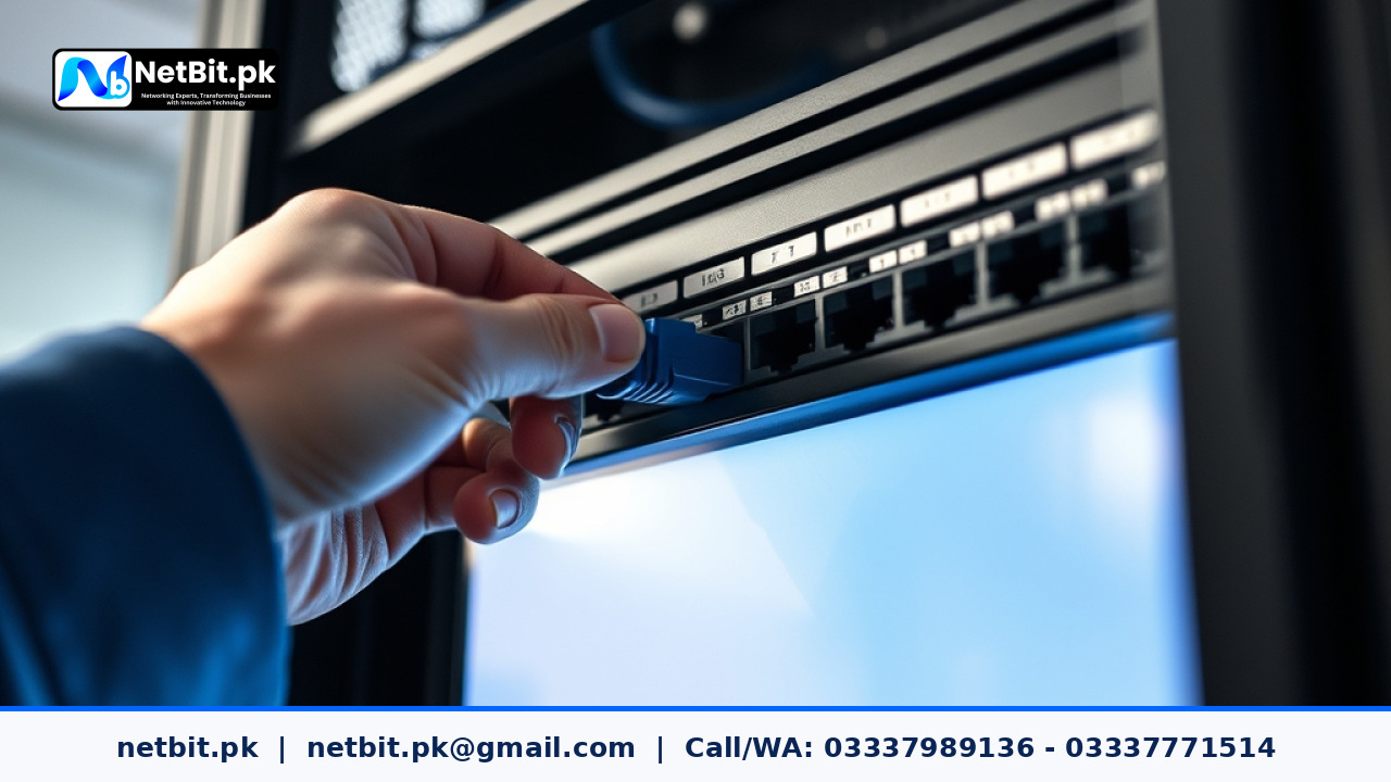 Network technician configuring Ethernet cables and PoE switch in an office rack | NetBit Software House and Technology | netbit.pk