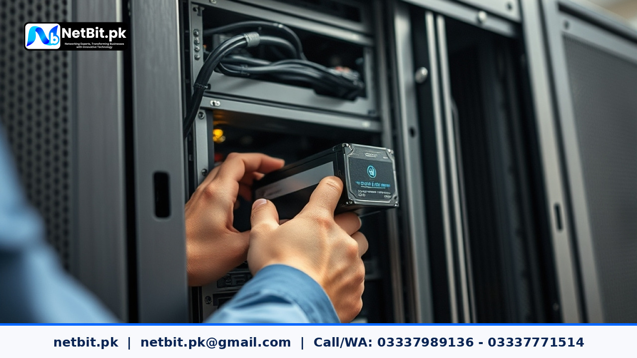 Technician configuring server hardware and storage drives in a server rack