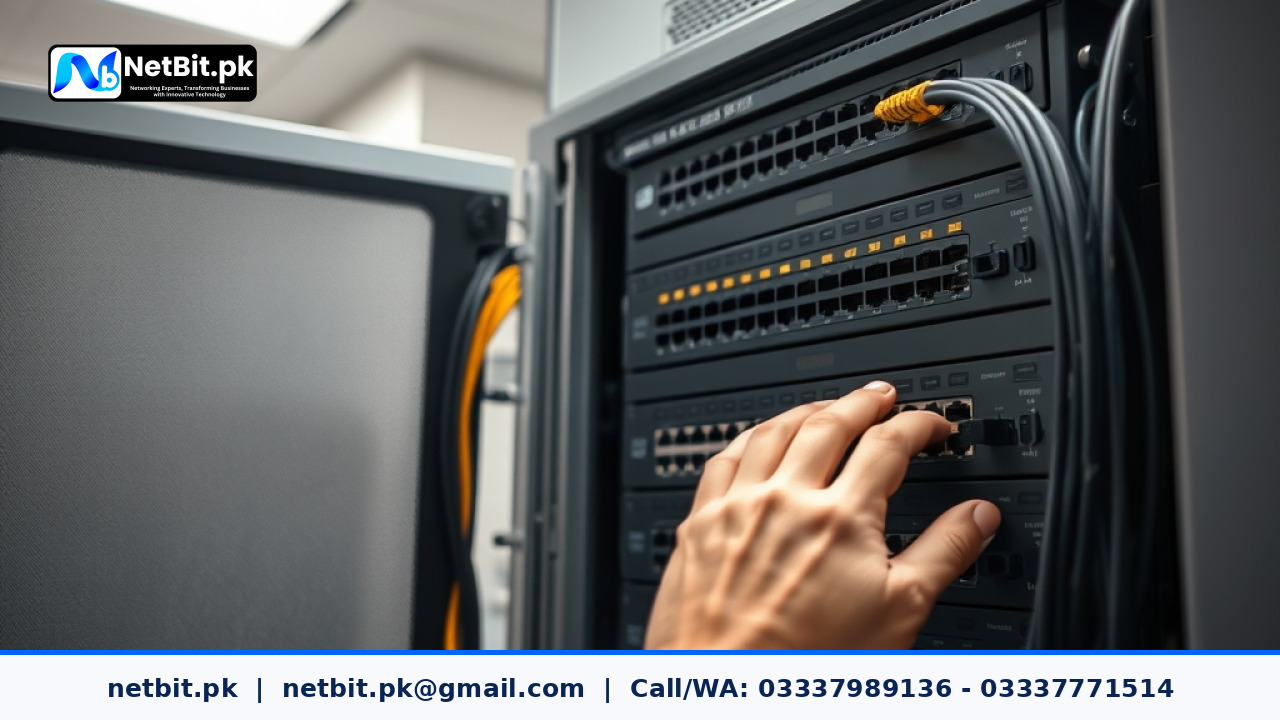 Close-up of network administrator configuring enterprise router settings in an office | NetBit Software House and Technology | netbit.pk