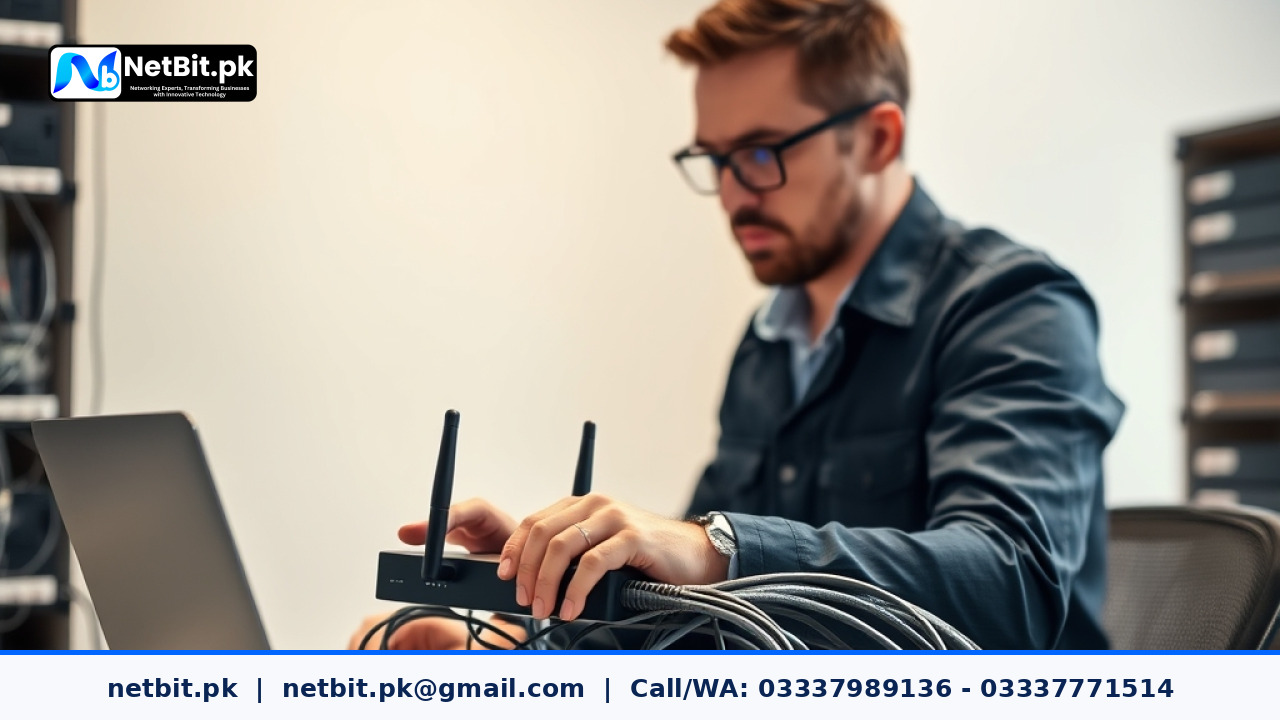 Network engineer configuring business router settings on a computer screen in an office environment