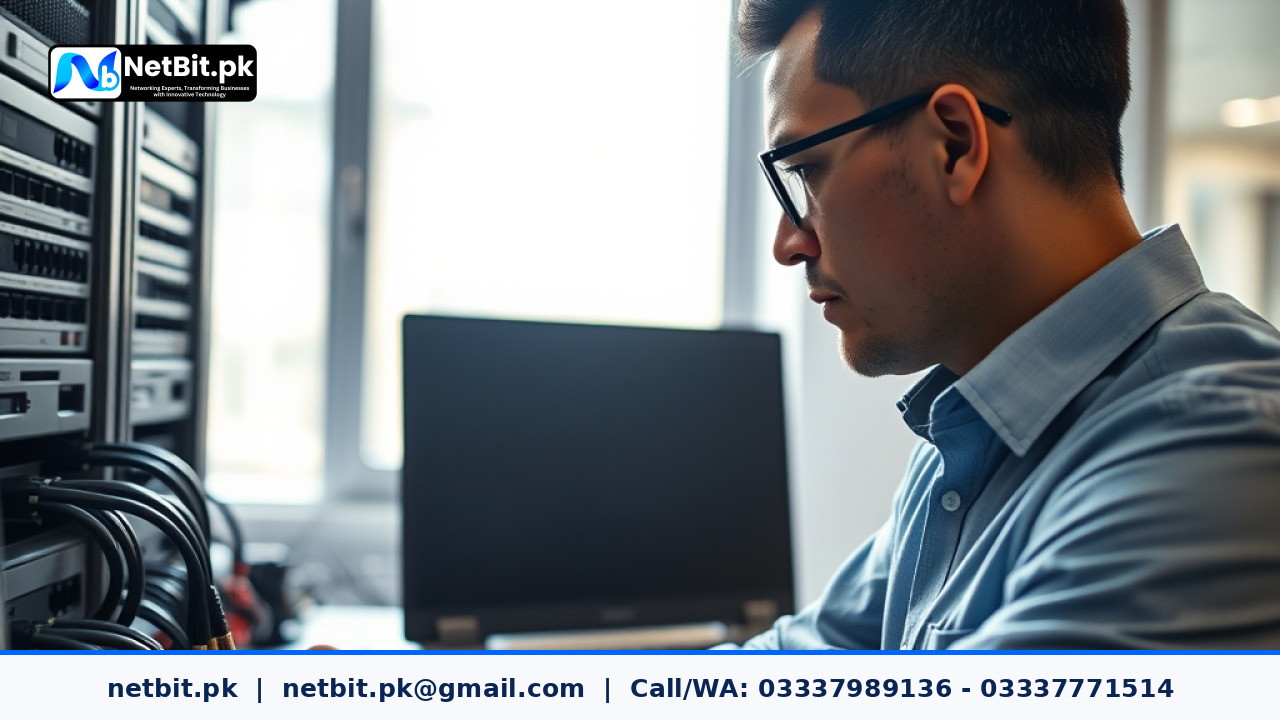 Network technician configuring business router settings on a laptop in an office