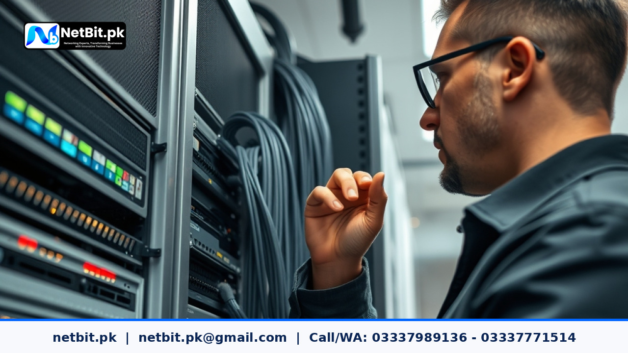 Network technician configuring router and switches in an office server rack | NetBit Software House and Technology | netbit.pk