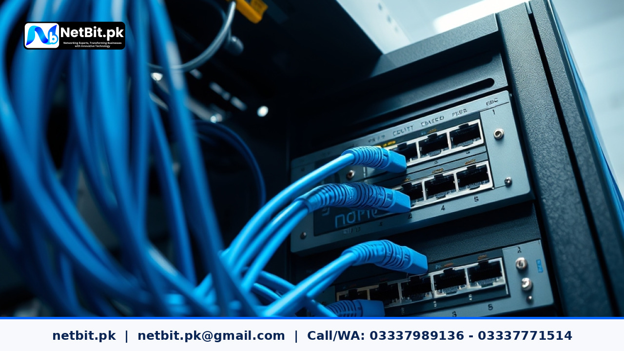 Network technician configuring managed switches and structured cabling in an office server room