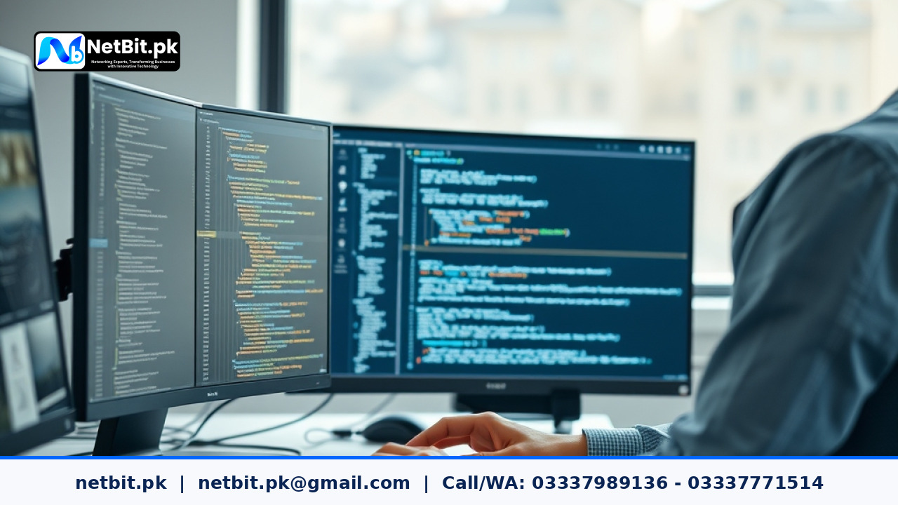 Professional developer reviewing website XML sitemap and technical SEO metrics on a dual-monitor workstation | NetBit Software House and Technology | netbit.pk