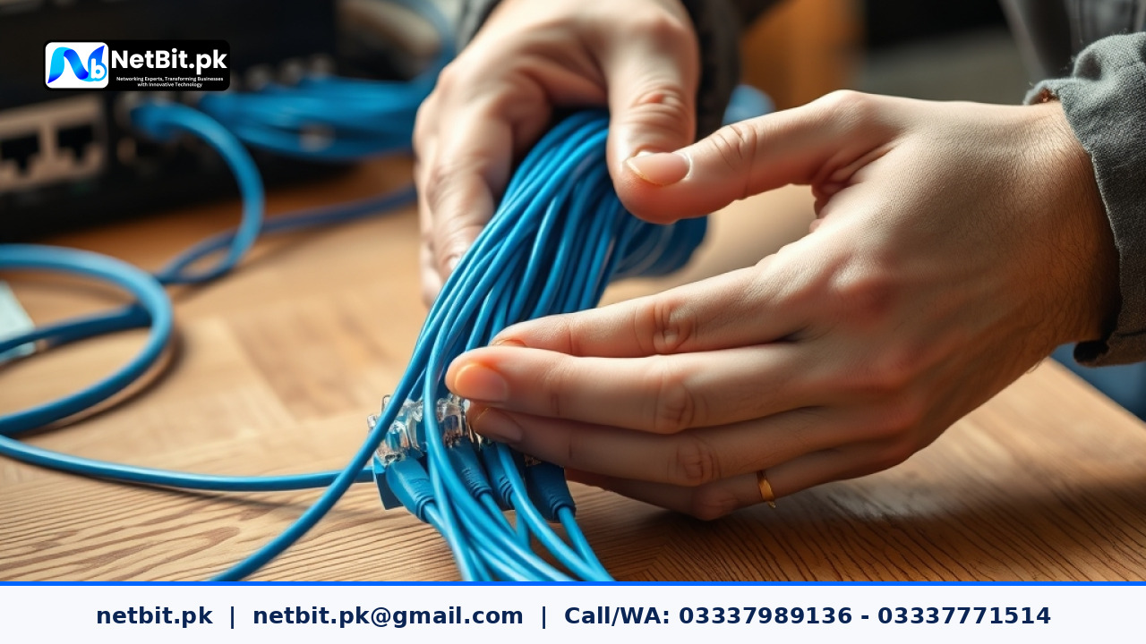 Close-up of a technician preparing Cat6 network cables for office installation