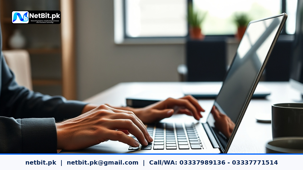 Close-up of a software developer working on AI data structures on a laptop in a well-lit office. | NetBit Software House and Technology | netbit.pk