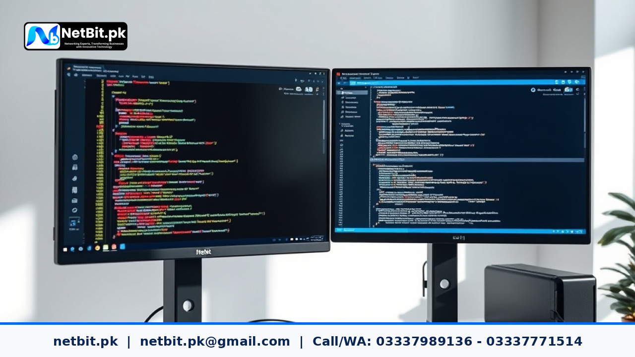 Clean workspace showing software development code on a monitor with debugging tools and clean design layout