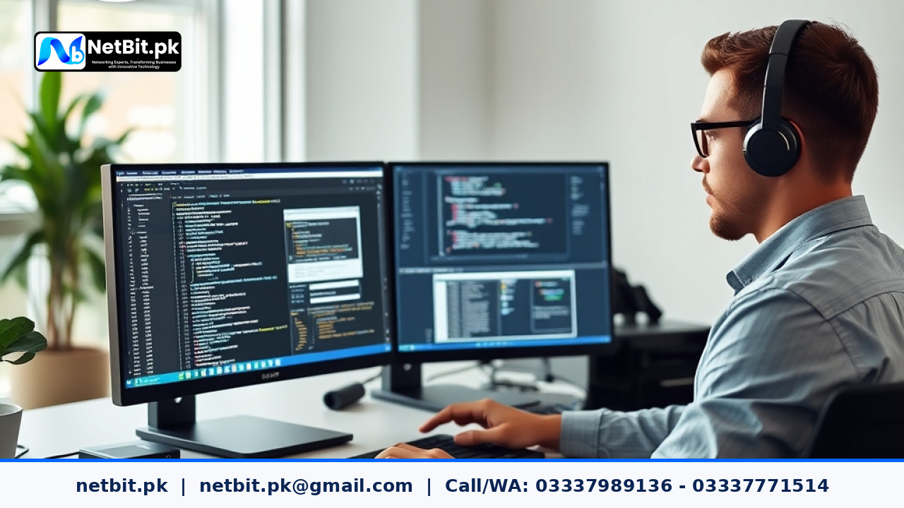 A web developer reviewing image attributes and code on a dual monitor workstation in a clean office environment.