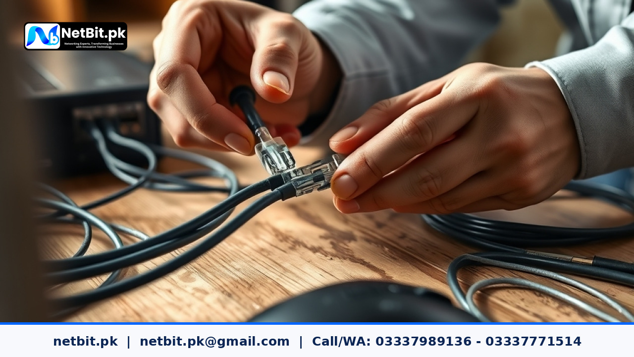 Technician terminating Cat6 network cables in an office environment