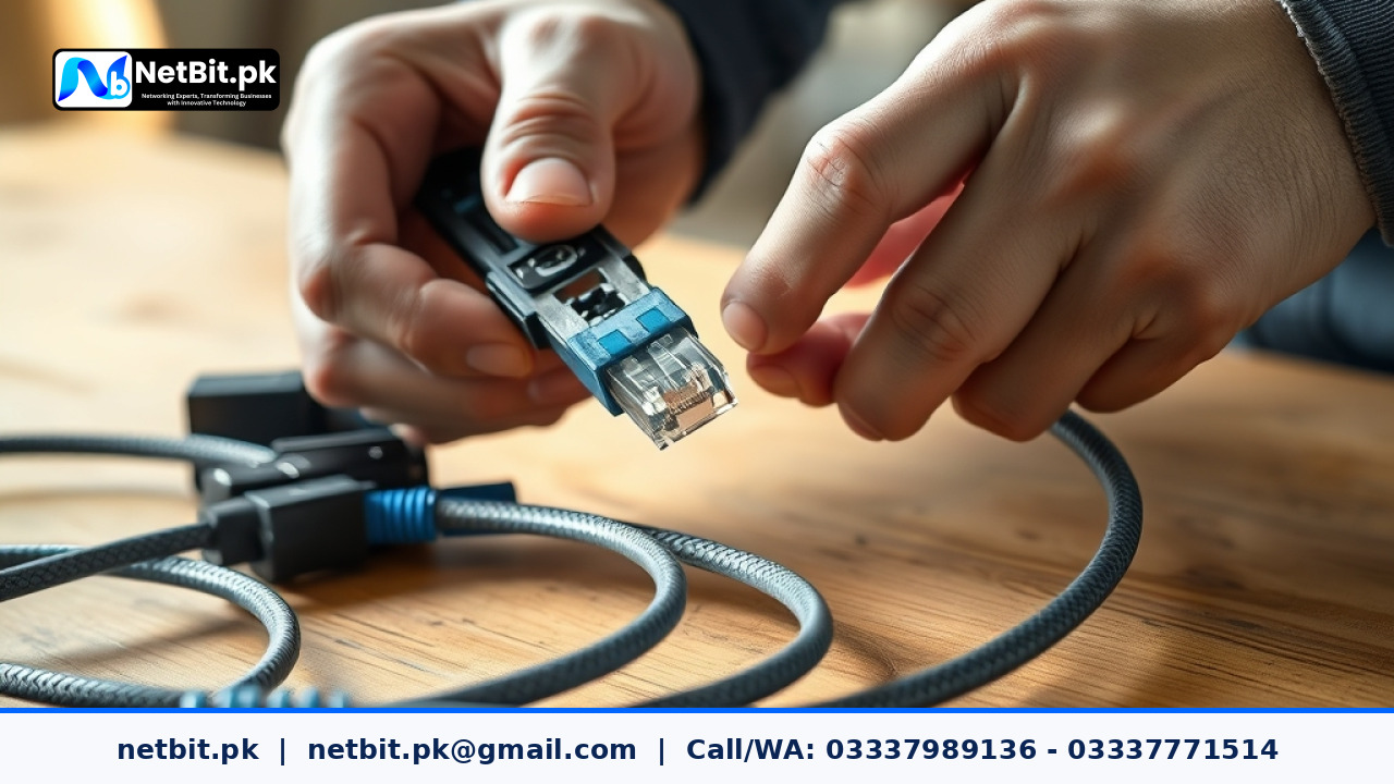 Close-up of a technician terminating Cat6 network cables in an office environment