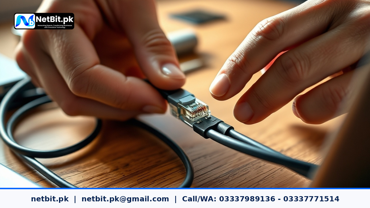 Technician hands terminating Cat6 cables with professional tools in a clean office environment | NetBit Software House and Technology | netbit.pk