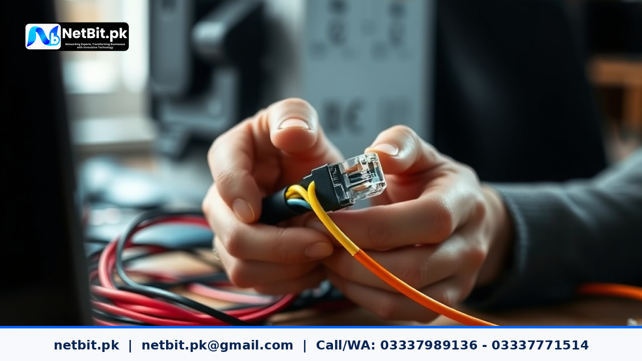 Close-up of a technician terminating Cat6 network cables for an office IT infrastructure setup
