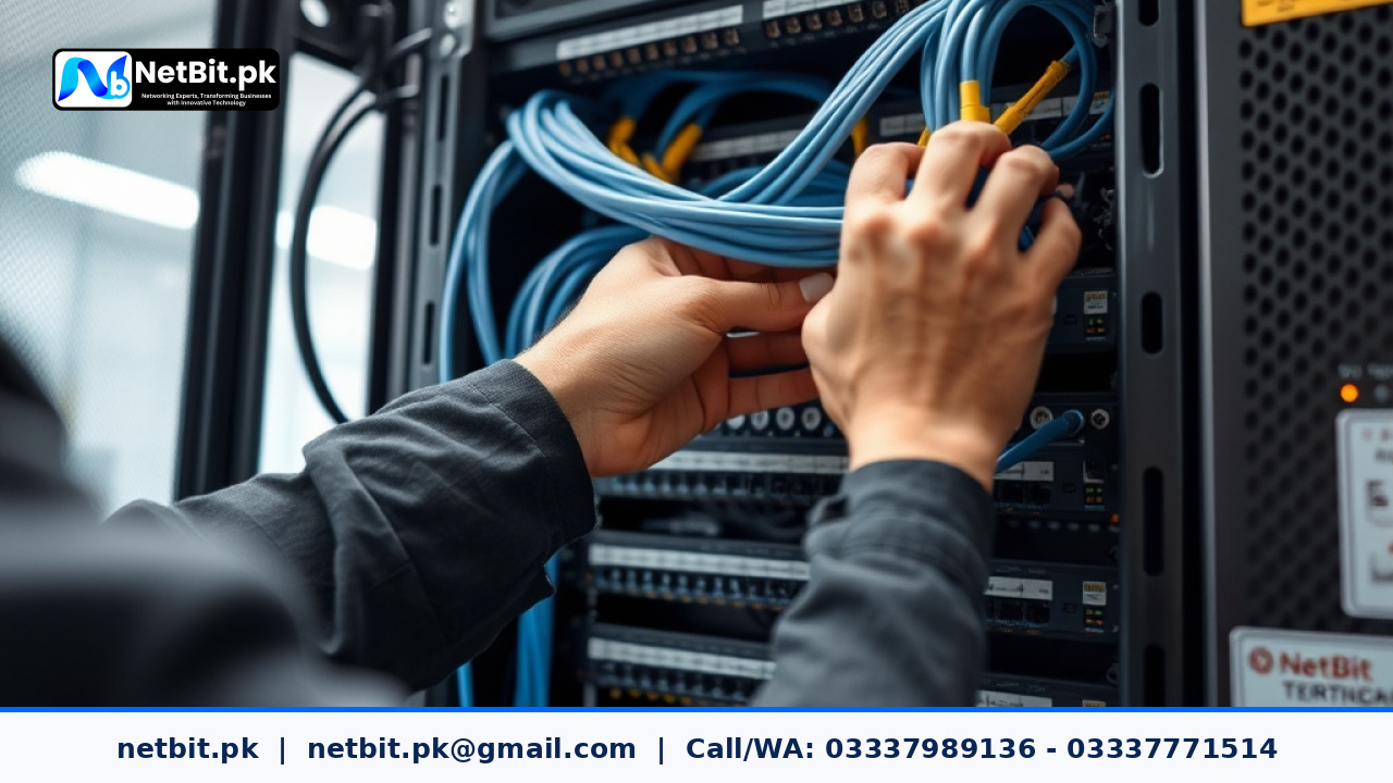 Technician organizing fiber optic patch cords in a network rack
