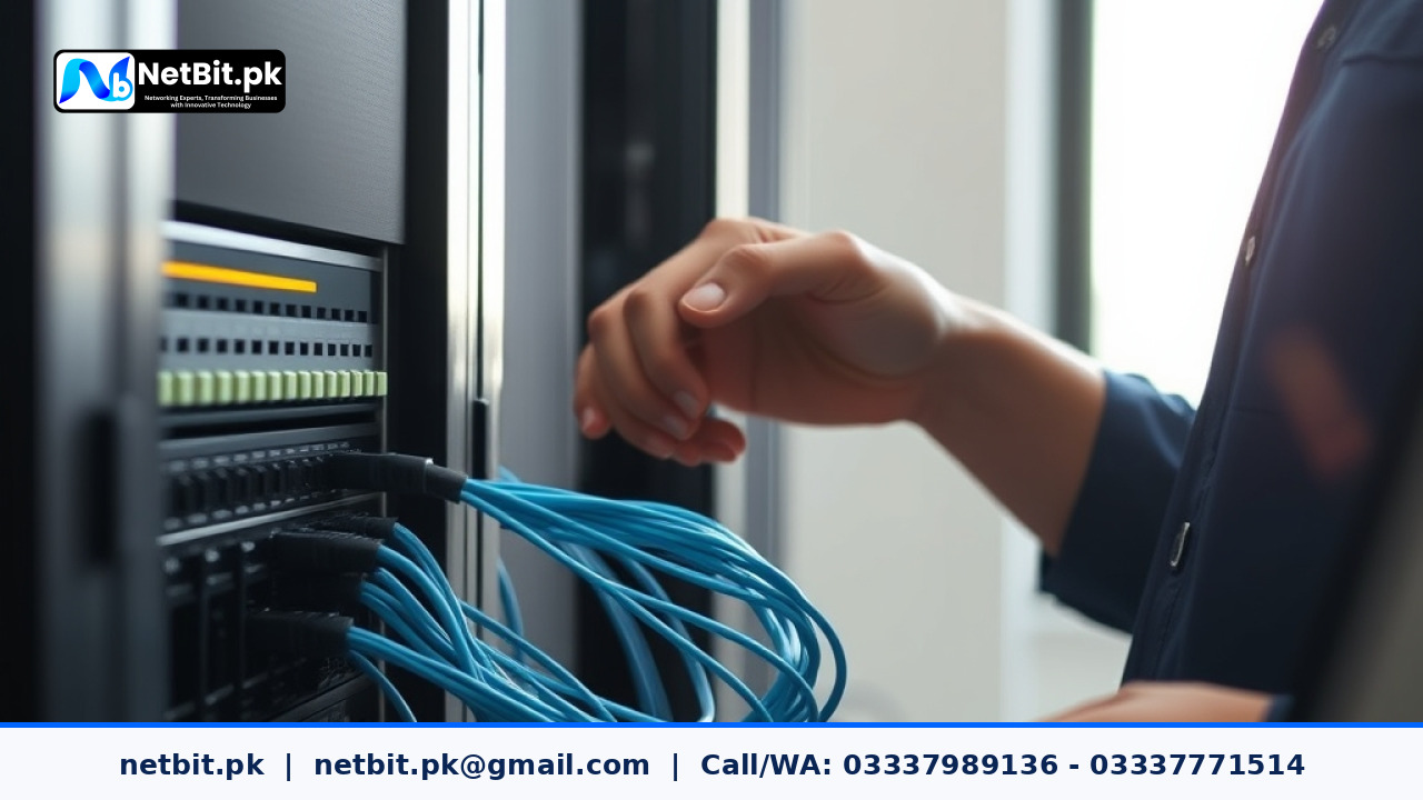 Network technician neatly terminating fiber optic cables in an office server rack | NetBit Software House and Technology | netbit.pk