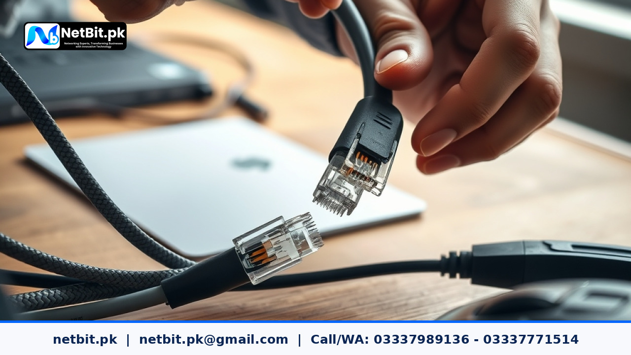 Close-up of a technician terminating Cat6 network cables in an office | NetBit Software House and Technology | netbit.pk
