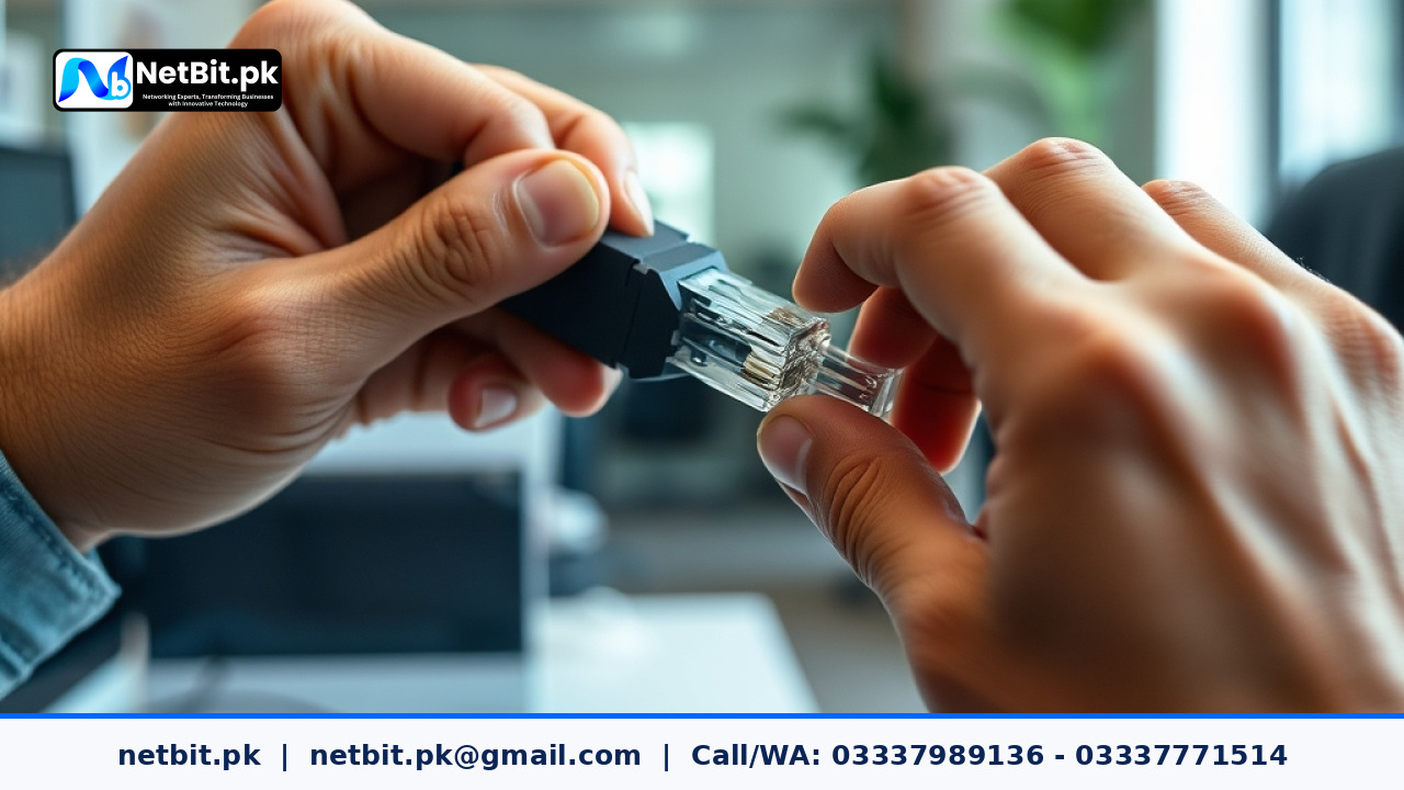 Technician hands terminating Cat6 cable with RJ45 connector in an office | NetBit Software House and Technology | netbit.pk