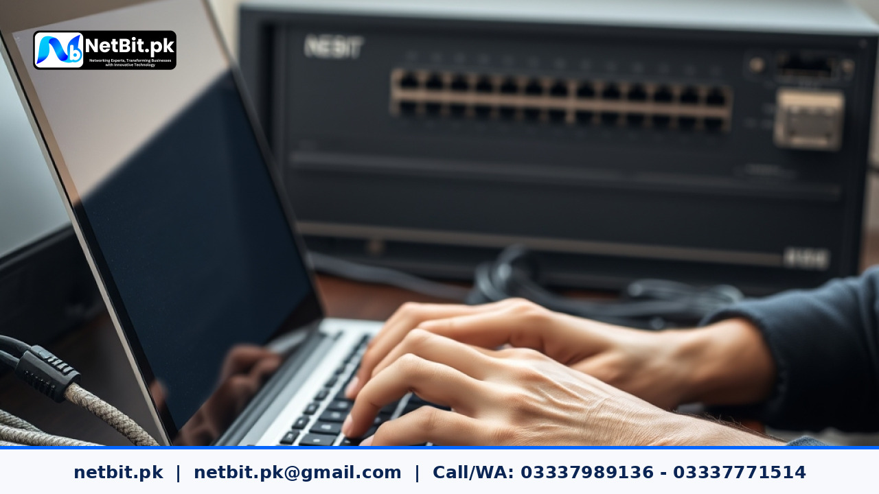 Close-up of a technician testing network cabling and router performance in an office environment