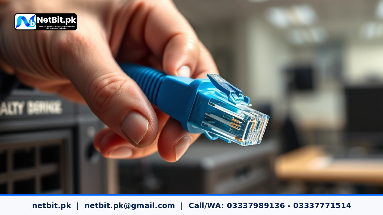 Close-up of a technician terminating and testing Cat6 cables for an office network | NetBit Software House and Technology | netbit.pk