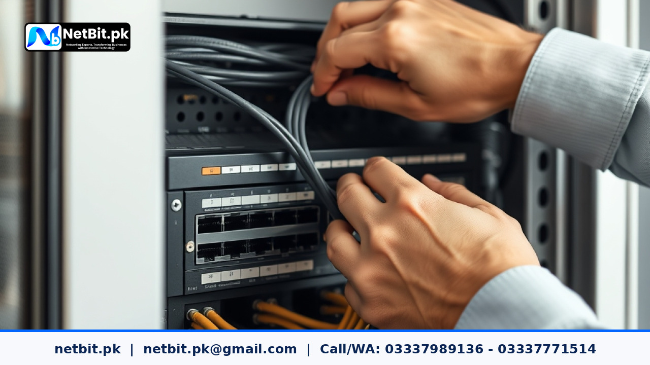 Network technician checking connection speeds and troubleshooting office routers | NetBit Software House and Technology | netbit.pk