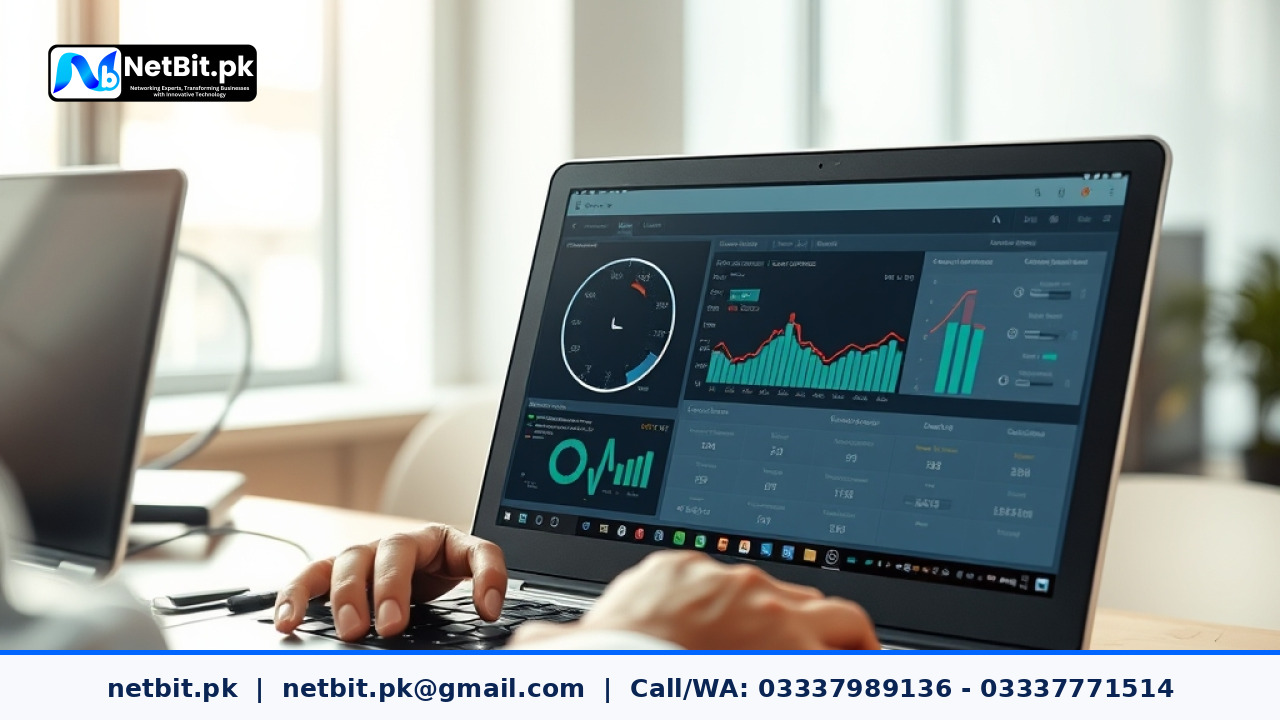 Network technician analyzing internet speed test results on a professional workstation | NetBit Software House and Technology | netbit.pk