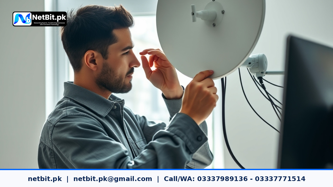 Technician configuring wireless networking equipment in an office rack