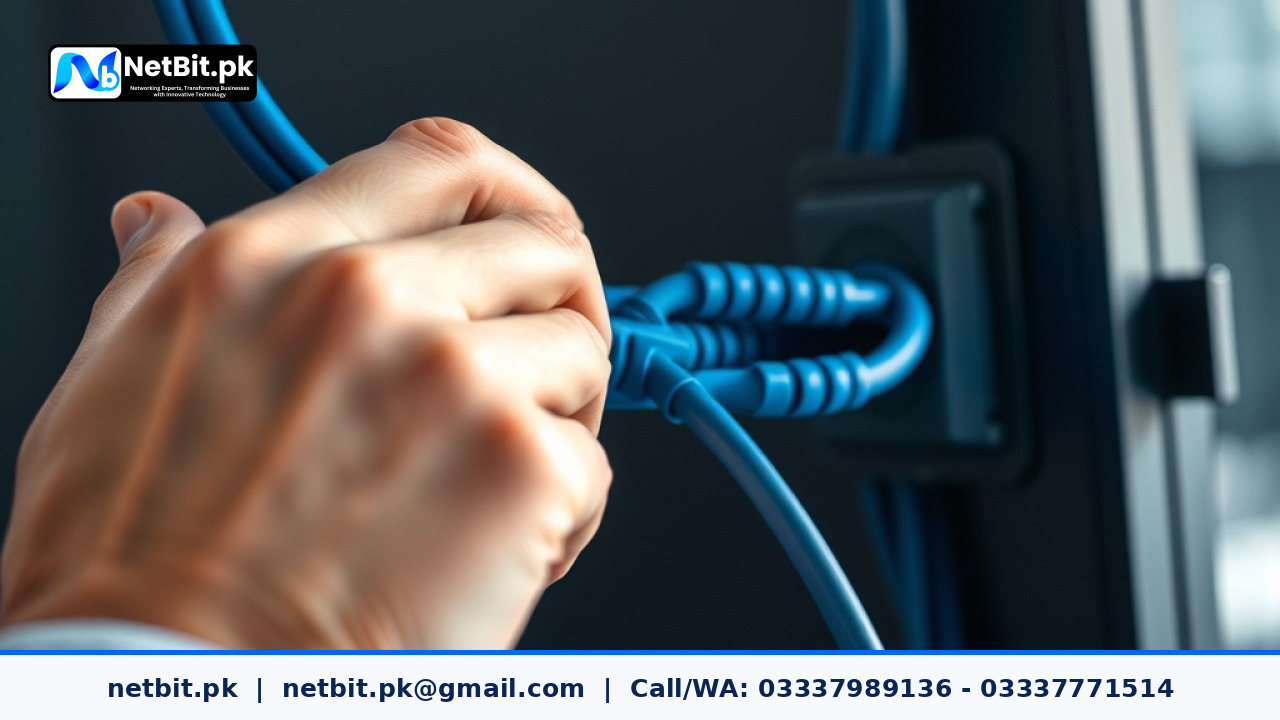 Network technician testing internet speed and cables in an office setting | NetBit Software House and Technology | netbit.pk