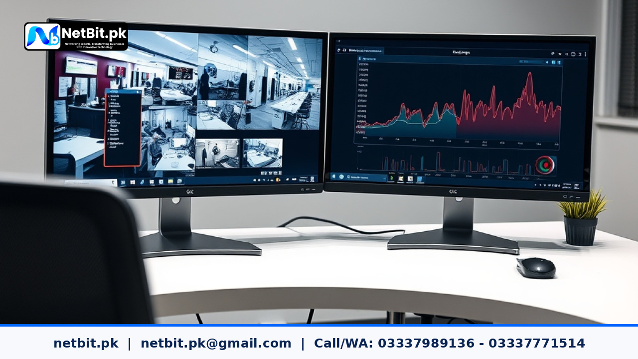 Network engineer checking internet speed and CCTV security camera feeds on office computer monitors