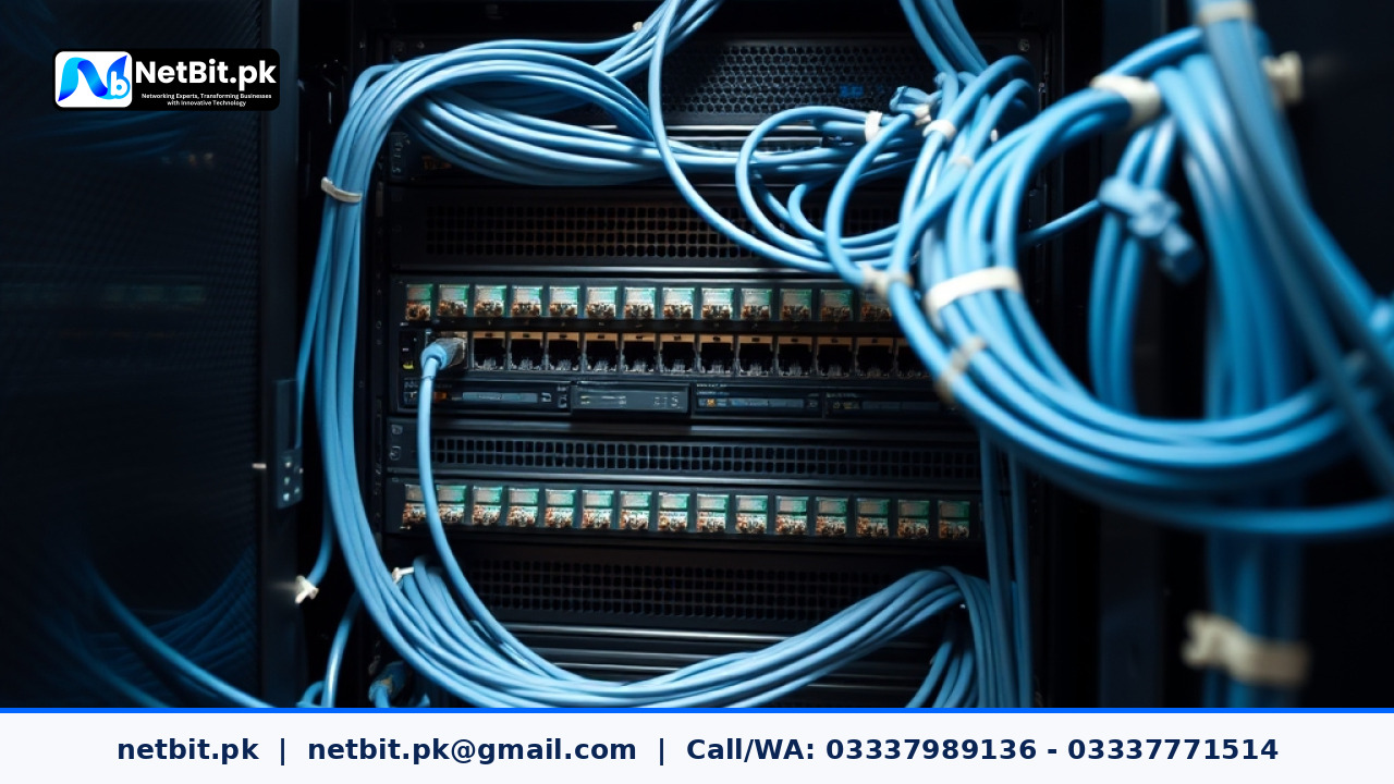 Close-up of organized office network patch panel with clean cable management and clear labels