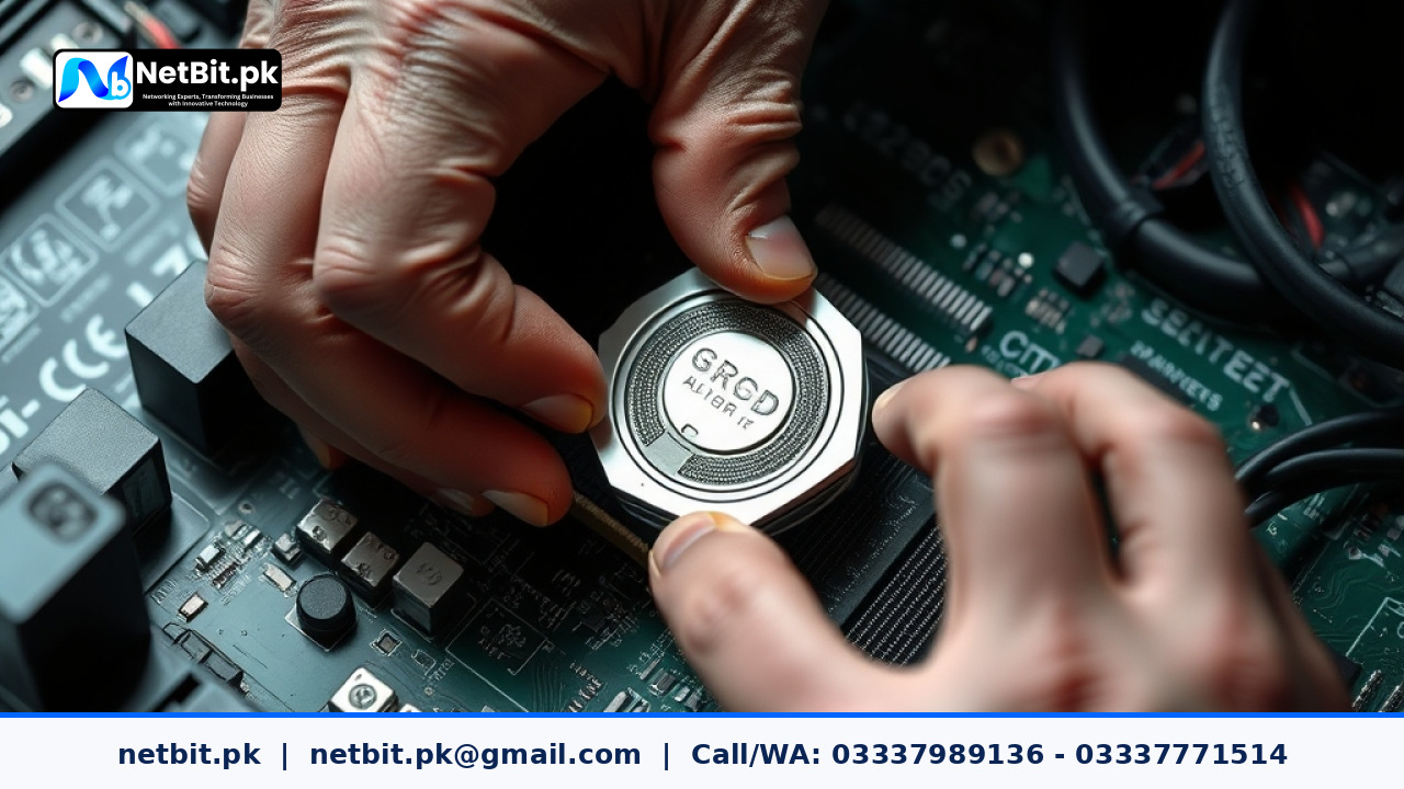 Technician hands replacing a coin-cell battery on a desktop computer motherboard | NetBit Software House and Technology | netbit.pk