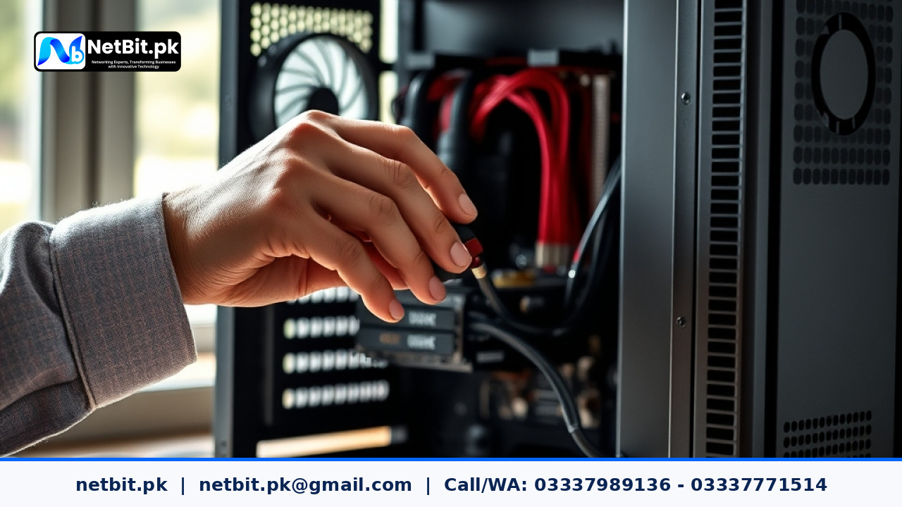 IT technician performing driver update maintenance on a desktop computer workstation in an office environment | NetBit Software House and Technology | netbit.pk