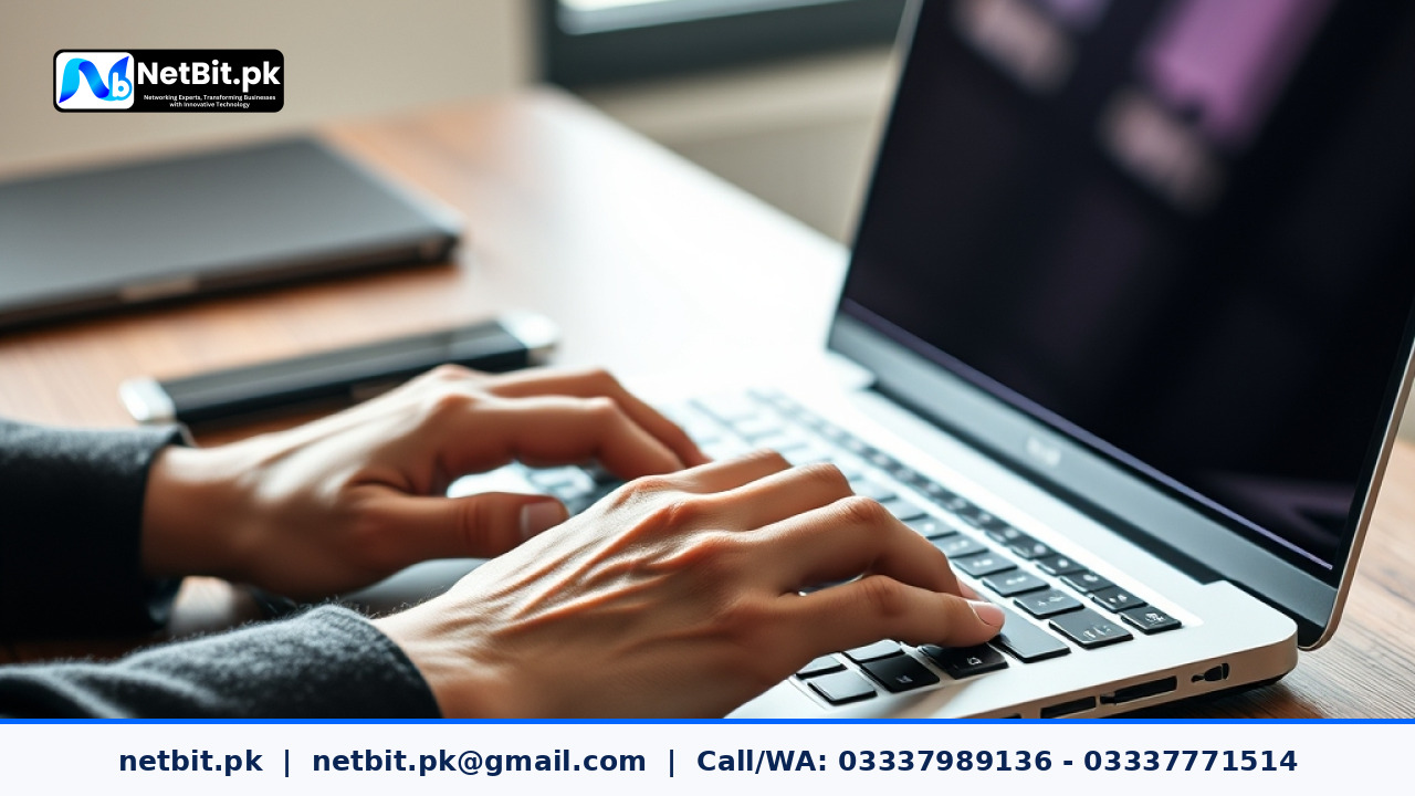 Close-up of a technician hands typing on an aluminum laptop keyboard in a well-lit office environment | NetBit Software House and Technology | netbit.pk