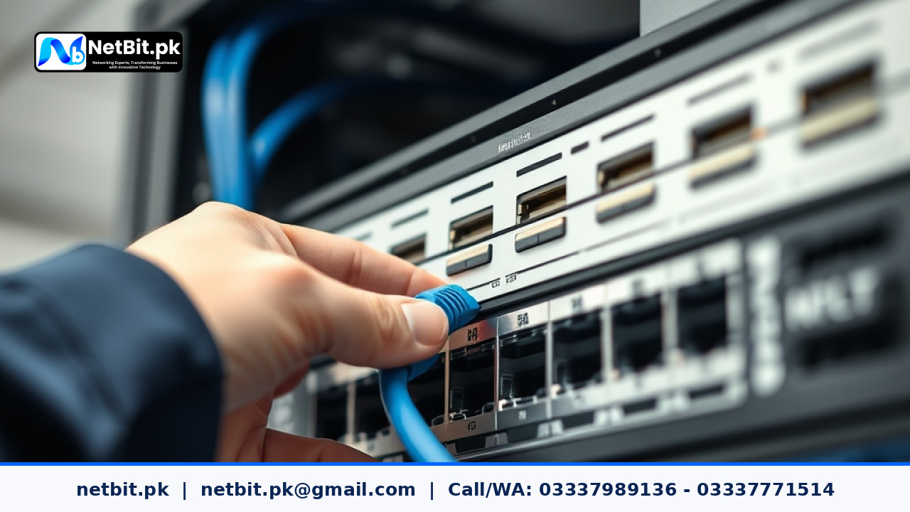 Network technician configuring office switches and patch cables during IT maintenance | NetBit Software House and Technology | netbit.pk