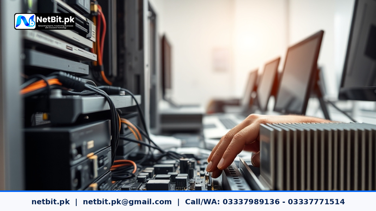 Close-up of a computer motherboard and internal hardware components during technical maintenance | NetBit Software House and Technology | netbit.pk
