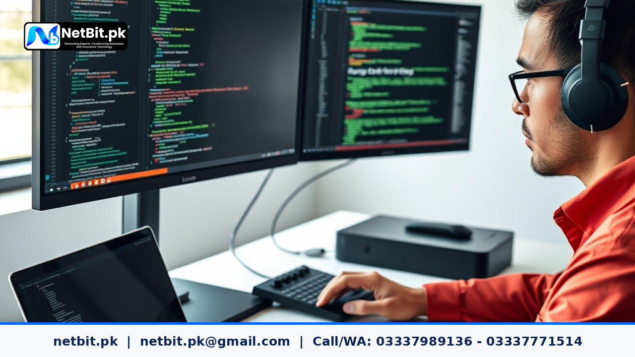 IT technician verifying software deployment scripts on dual monitors in a modern office